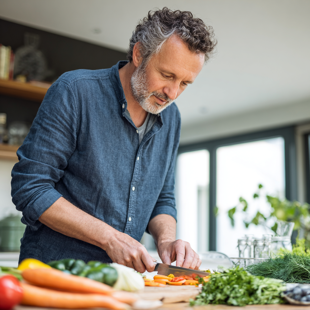 Healthy middle-aged man in his 50s preparing fresh organic meal in bright modern kitchen, chopping vegetables with focused expression, wearing casual clothes, natural daylight highlighting the nutritious ingredients