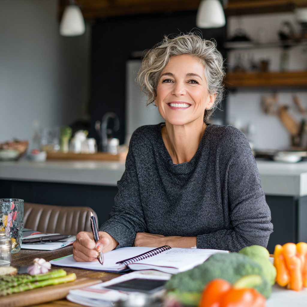 Professional middle-aged woman consulting on nutrition planning, sitting at a modern kitchen table with healthy meal preparation ingredients and notebooks, smiling confidently while reviewing a personalized diet plan